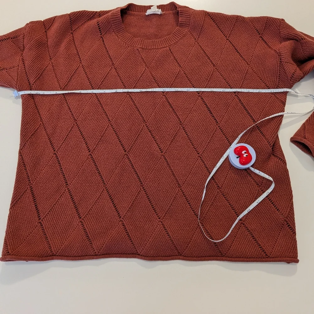 Hem & Thread‎ Rust Brown Diamond Pointelle Knit Sweater Crew Neck Large